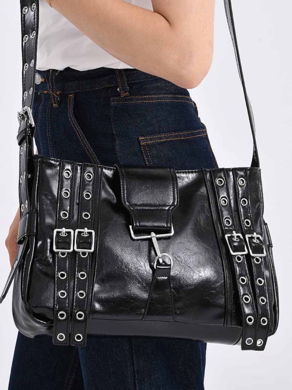 New Black Faux Leather Punk Crossbody Bag with Shoulder Strap